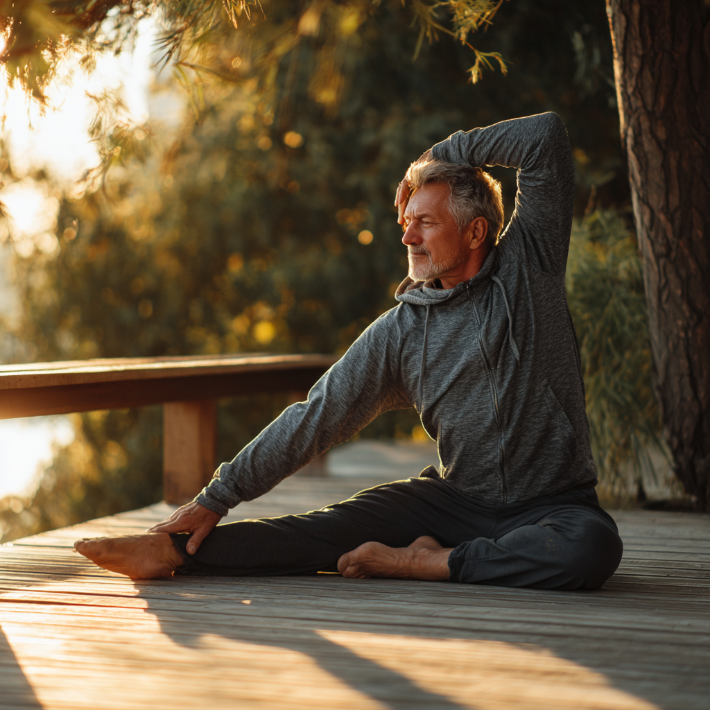 Smiling middle-aged Ukrainian woman in comfortable yoga clothes sitting in lotus position on a yoga mat outdoors in a peaceful garden setting with soft natural lighting