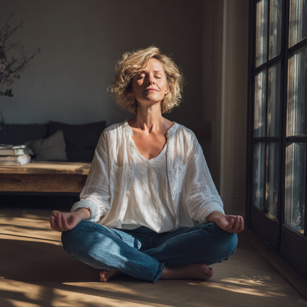 Content elderly Ukrainian man in comfortable athletic wear performing a gentle stretching pose on a wooden deck with morning sunlight filtering through nearby trees