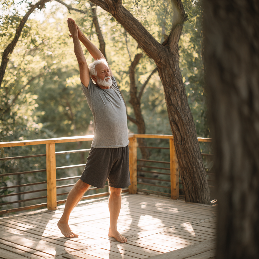 Peaceful Ukrainian woman in her 50s with closed eyes in meditation pose wearing light colored yoga attire sitting cross-legged on a meditation cushion in a bright minimalist room with plants in the background
